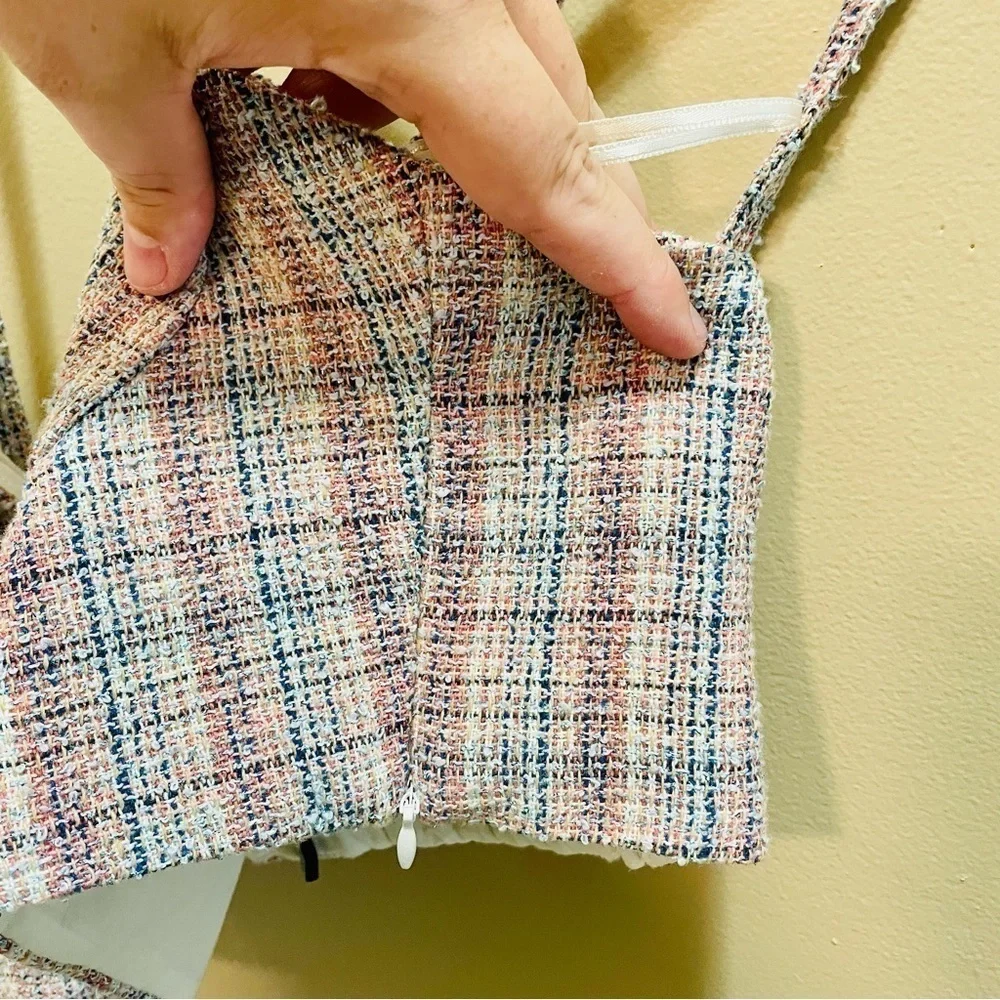 Zara Pink And Blue Tweed Bralette Blouse Medium NWOT